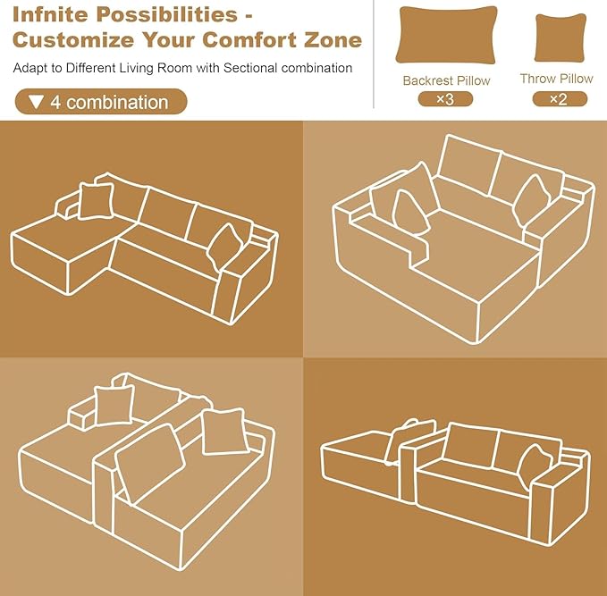 96" Sectional Couches for Living Room Modern Modular Sofa with L-Shape Couchs Upholstered Boneless Couch Deep Seat Sectional Couch with Chaise (Black, 96" Left Facing Chaise+2Seaters)