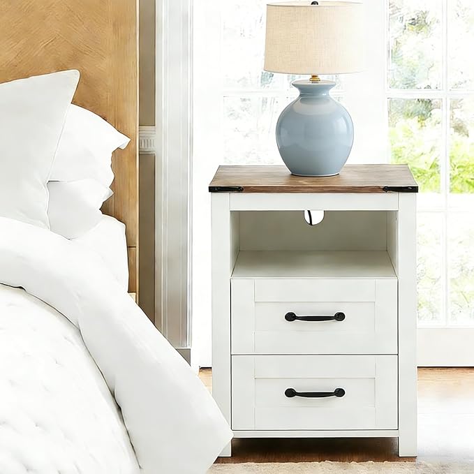 White Rustic Night Stand Set of 2, Farmhouse End Table, Modern Bedside Table with 2 Storage Drawers and Open Shelf, Tall Nightstand for Bedroom