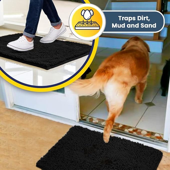 Muddy Mat® | Super Absorbent Door Mat Indoor, Microfiber Quick Dry Chenille Entryway Rug, Non-Slip Front Door Mat, Indoor Mats for Entryway, Machine Washable Pet Rug, Black XL 59"X35"