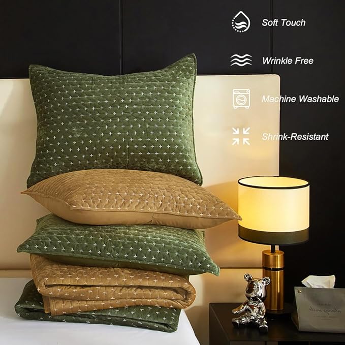 Powdion Velvet Quilt King Size,Bedspread Quilted Bedding Set,Luxurious Soft Coverlet Set Lightweight Velvet Comforter with Pillow Shams Brown, 96x106 Cross Stitch Striped Quilt Set