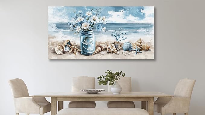 yearainn Coastal Canvas Wall Art - Rustic Jar Flowers Pictures Wall Decor Seashells Seaside Painting Artwork Ocean Landscape Prints for Living Room Bedroom Office Home Decor Ready to Hang 40" x 20"