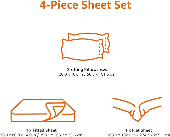 Amazon Basics Luxury, Ultra Soft, Breathable Lightweight Microfiber 4 Piece Bed Sheet Set with 14-Inch Deep Pockets, King, Bright White, Solid
