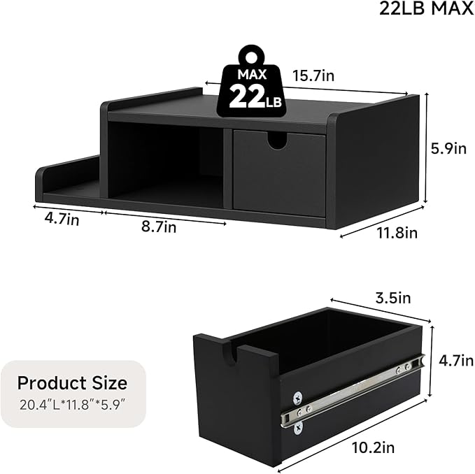 Floating Nightstand with Drawer & Shelf,Wall Mounted Bedside Table for Small Bedrooms,Modern Black End Table with Space Saving Design（Black）