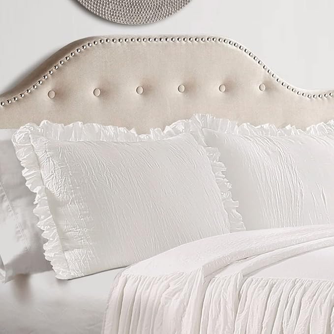 Lush Decor Ruffle Skirt Bedspread Set - 3 Piece Luxurious Farmhouse Bedding Set - Elegant, Charming Ruffle Detail - Timeless Style & Classic Design - Soft and Lightweight - Full, Gray
