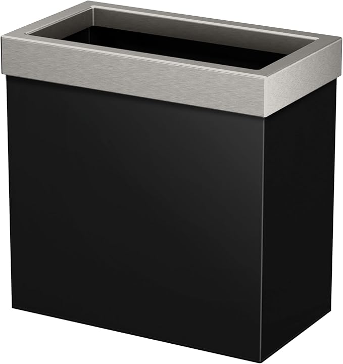 Gatco 1918SN Modern Rectangle Waste Basket, Matte Black and Satin Nickel Combo - Stainless Steel Trash Can with Removable Lid, Leakproof, 3 Gallon Capacity for Bathroom, Bedroom, Kitchen, or Office