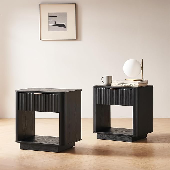 mopio Brooklyn Fluted Nightstand, Modern Farmhouse Nightstand, Small Side, Wood Bedside Table with Drawer, End Table with Storage, Fluted Night Stand, Curved Profile (Black Oak, Set of 2)