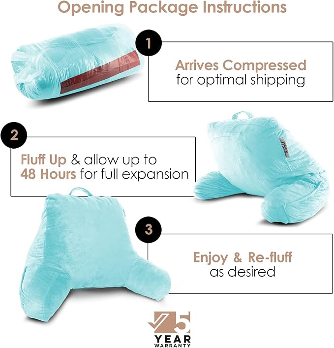 Nestl Reading Pillow with Shredded Memory Foam, Designed for Sitting Up in Bed and Couch, Back and Arms Adjustable Support for Adult & Teens Backrest Pillows for Reading with Washable Cover Light Blue