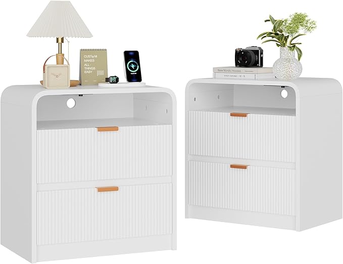 24” Fluted Nightstand Set of 2, Modern Bedside Table with Charging Station, Curved Profile Design, Wooden End Table with Storage for Bedroom, Living Room, White