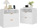 24” Fluted Nightstand Set of 2, Modern Bedside Table with Charging Station, Curved Profile Design, Wooden End Table with Storage for Bedroom, Living Room, White