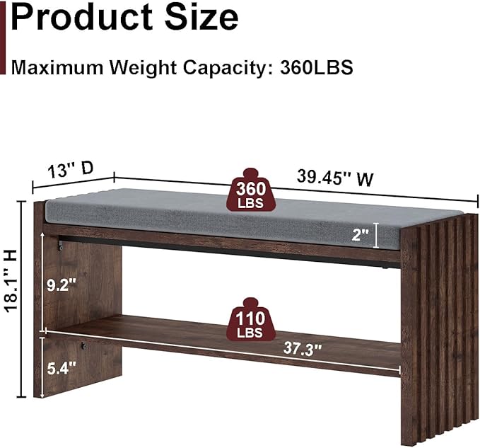 BON AUGURE Shoe Bench with Storage, Entryway Bench with Cushion & 2-Tier Shoe Rack, Modern Ottoman Storage Bench for Mudroom, Hallway, Bedroom (Rustic Oak, 40 Inch Wide)