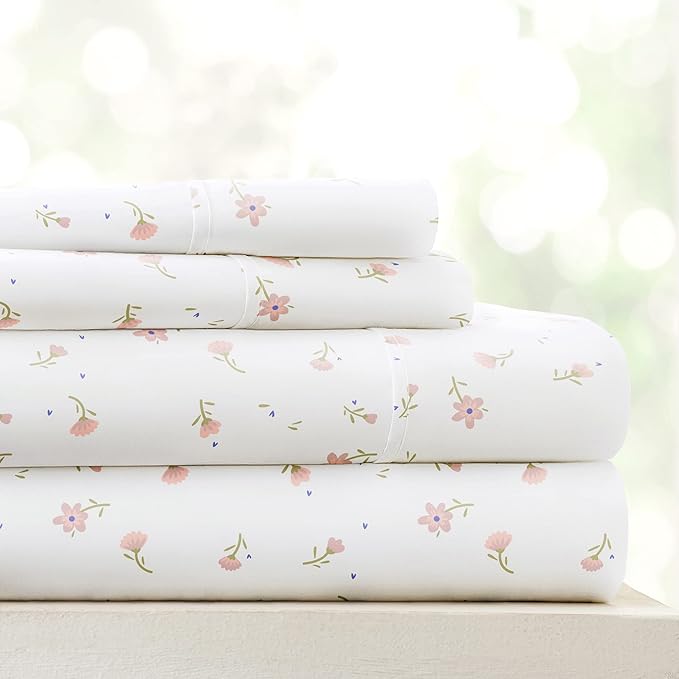 Linen Market Double-Brushed Patterned Microfiber California King Sheet Set 4 Piece – Oeko-TEX Certified Ultra Soft & Wrinkle-Free - 16" Deep Pocket Sheets Easy Care Cal-King Size - Soft Floral Pink