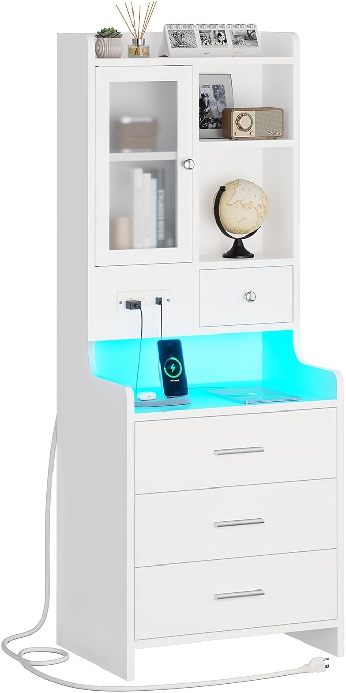 ADORNEVE Tall Night Stand with Charging Station and LED Lights,49.2" Nightstand with Bookshelf, White Bedside Table with Drawers,End Side Table for Bedrooms