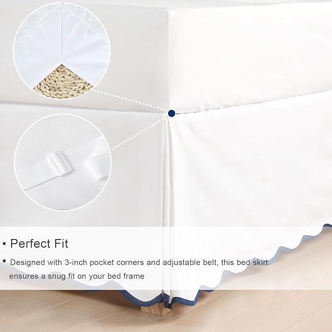 HIG Queen Bed Skirt - Easy Fit Scallop Edge Pleated Bedskirts With Spilt Coner, 12 Inch Drop Anti-Slip Dust Ruffle, Thick Fabric for Enhanced Privacy, Pre-Washed for Long-Lasting Use, Machine Washable