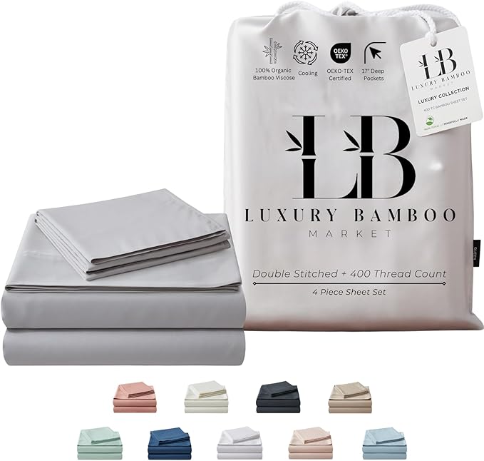 Luxury Bamboo Market | King Size Bed Sheet Set | 100% Viscose Made from Bamboo | Organically Grown | Ultra Soft | Cooling Sheets for Hot Sleepers | 17" Deep Pocket [Dove Grey]