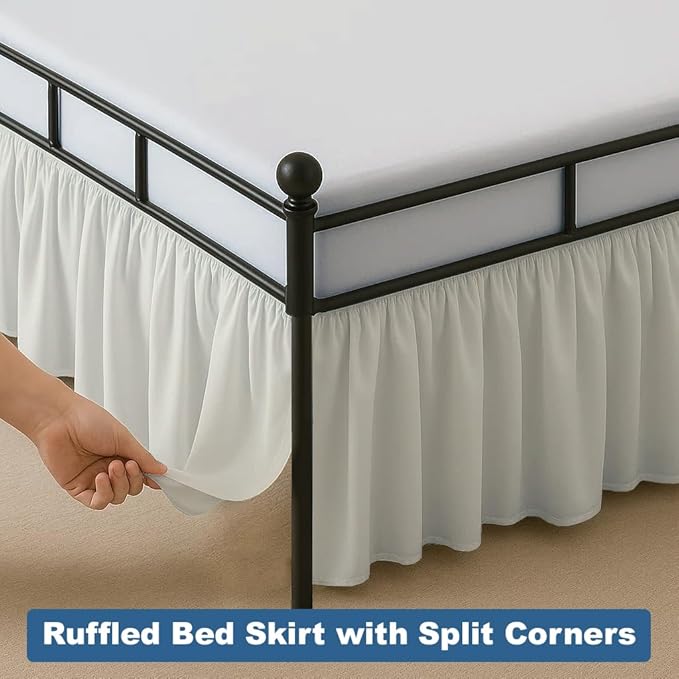 Ruffled Bed Skirt Split Corners with Platform, Tailored Fit Hotel Quality Wrinkle Free Ultra-Soft Microfiber Dust Ruffle, Upto 12 Inch Drop, Full XL, Ivory