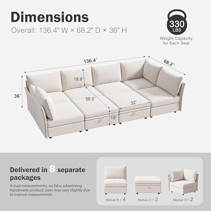 ABCASA 136.4" Oversized Modular Sectional Sleeper Sofa Bed, U Shaped Convertible Couch with Movable Ottoman, Large 8 Seat Corner Couches for Living Room Deep Seat White Chenille