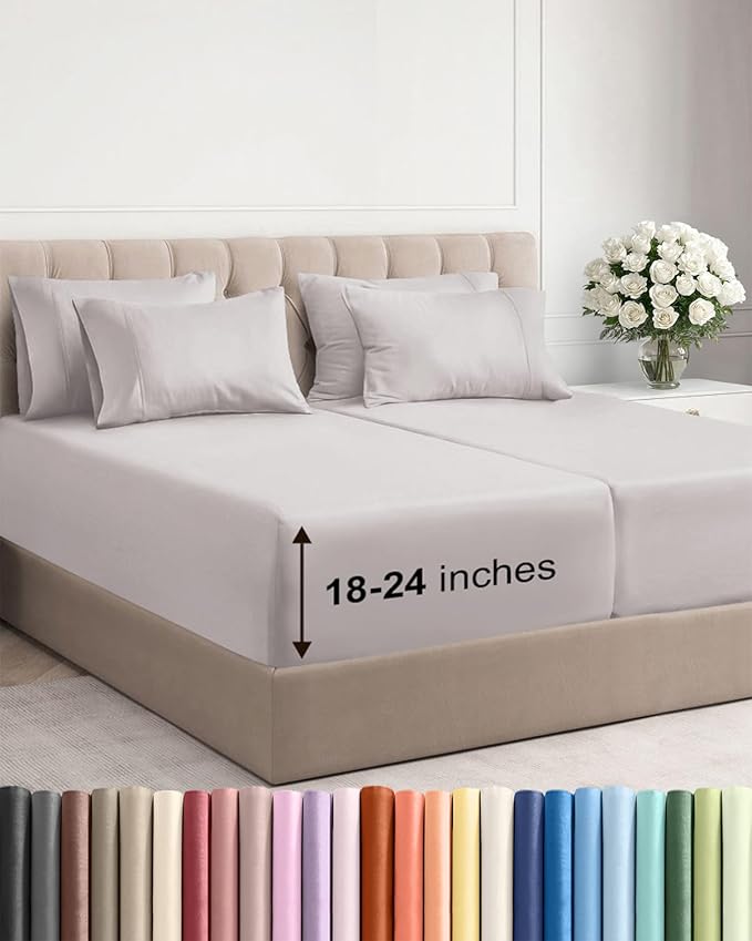 Extra Deep Split King Sheet Set - 7 Piece Breathable & Cooling Sheets - Hotel Luxury Bed Sheets Set - Easy Fit - Soft, Wrinkle Free & Comfy Sheets Set - Light Grey Sheet Set with Extra Deep Pockets