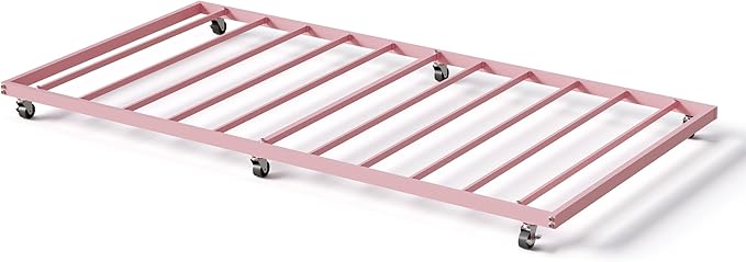 GarveeHome Twin Size Metal Roll Out Trundle Bed Frame with Wheels and Slats Support, Pink