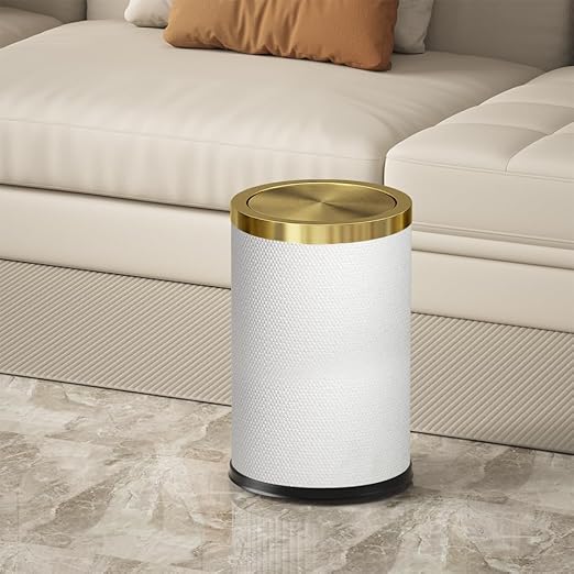 2.4 Gallon Bathroom Trash Can with Lid, Pu Leather Modern Garbage Can, Round Decorative Waste Basket, for Near Desk, Powder, Bedroom, Hotel, Office, Home (9L-Checked White)