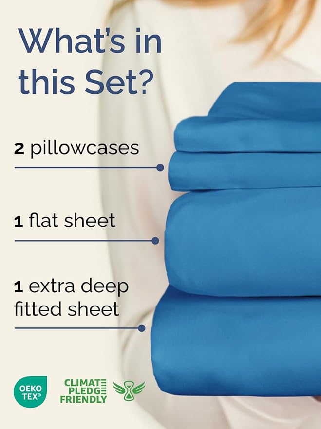 Extra Deep Twin Sheet Set - 4 Piece Breathable & Cooling Sheets - Hotel Luxury Bed Sheets Set - Easy & Secure Fit - Soft, Wrinkle Free & Comfy Sheets Set - Denim Blue Sheet Set with Extra Deep Pockets