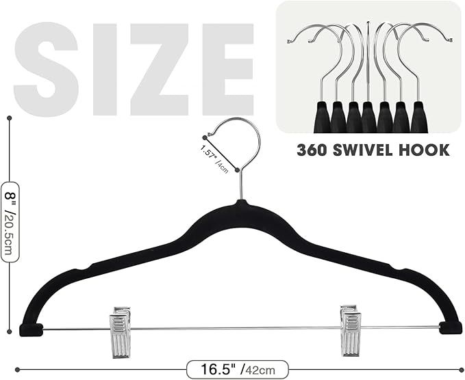 24-Pack Black Velvet Hangers with Clips Adjustable,Adult Hangers,Heavy-Duty,Felt,Non-Slip,Space Saving,Slim Outfit Hanger for Pants, Skirts, Suits,Coats, Dresses ect.