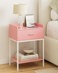 Masupu Nightstand,Bedside Table 3-Tier Modern Night Stand with Storage Drawer and Shelf,Small End Side Table for Bedroom,Living Room,Black (Without Outlet, Pink)