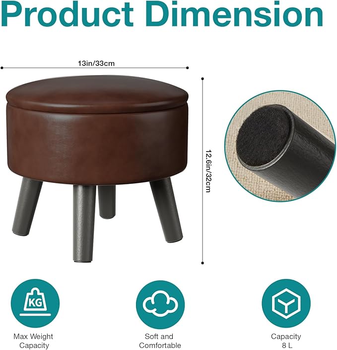 FIMIVIBI Small Foot Stool Ottoman with Storage, Faux Leather Ottoman Foot Rest for Couch, Round Footstool Ottomans for Living Room (Brown)