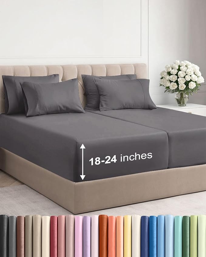 Extra Deep Split King Sheet Set - 7 Piece Breathable and Cooling Sheets - Hotel Luxury Bed Sheets Set - Easy Fit - Soft, Wrinkle Free and Comfy Sheets Set - Dark Grey Sheet Set with Extra Deep Pockets