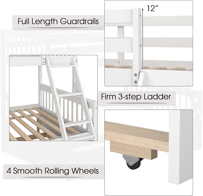 Giantex Twin Over Full Bunk Bed with Trundle, Convertible Platform Bed Frame with Ladder, Solid Wood Frame & Safety High Guardrails, Space-Saving Bunk Bed for Teens & Kids, No Box Spring Needed, White
