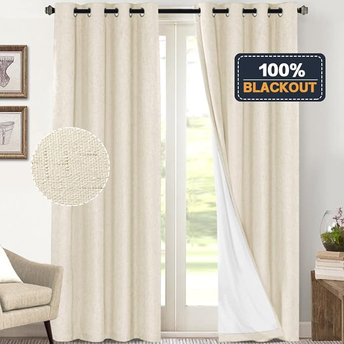 PrinceDeco 100% Blackout Curtains 108 Inches Long 2 Panels Set for Bedroom Living Room Farmhouse Style Keep Warm Large Window Draperies 108 inches Length with Thermal Insulated Liners，Bleached Sand