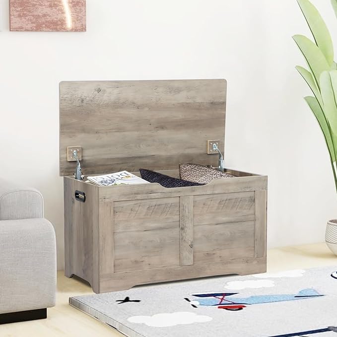 Timberer 31.5" Storage Chest, Wooden Storage Bench, Lift Top Toy Chest with 2 Safety Hinges, Large Toy Box, Entryway Shoes Bench for Living Room, Bedroom, Grey