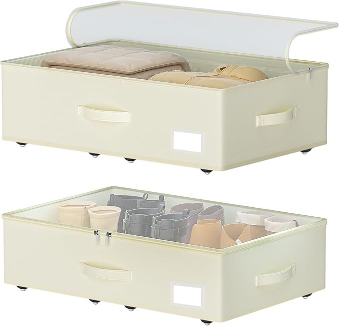 Under Bed Storage with Wheels, No Assemble Required 7.5 inches height Under Bed Storage bins,Large capacity Rolling Underbed Shoe Storage containers，dorm underbed storage drawers