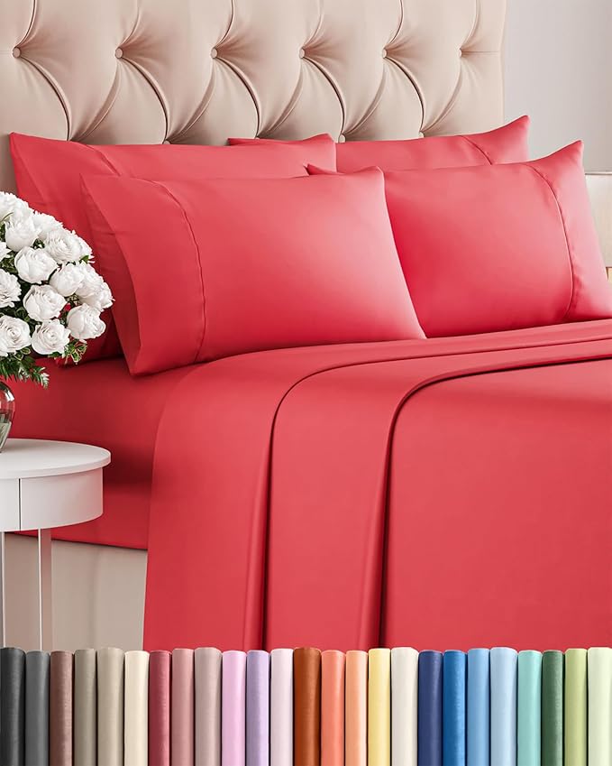 Queen 6 Piece Sheet Set - Cooling, Comfy & Breathable - Hotel Luxury Bedding, Includes Fitted Sheet for Women, Men, Kids and Teens - 1 Flat, 1 Fitted Sheet, 4 Pillowcases with Deep Pockets - Red