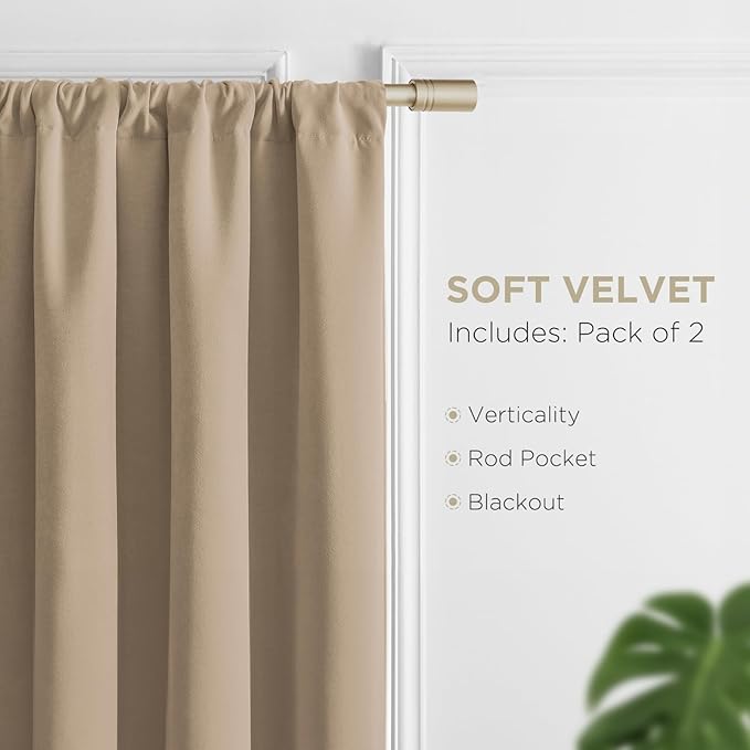 Joydeco Toffee Brown Velvet Curtains 96 Inches 2 Panels, Luxury Thermal Insulated Soft Brown Curtains for Bedroom & Living Room, Room Darkening Velvet Drapes, Rod Pocket (52W x 96L)