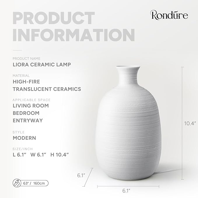 RONDURE 10.4" Modern Ceramic Table Lamp, Fully Dimmable Modern Bedside Lamps for Bedroom, Living Room and Nightstand, White Translucent Ceramic Shade, Warm Ambient Lighting, Corded, Bulb Included