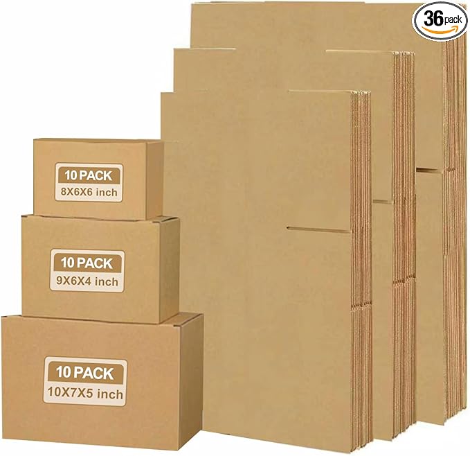 36Pcs Shipping Boxes,8x6x6 & 9x6x4 & 10x7x5 Mix and match Small Shipping Boxes,3 Sizes 12PCS Each shoe boxes cardboard.