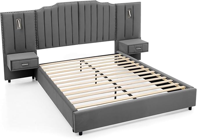 Luxury Queen Bed Frame with Headboard and Storage, Velvet Fabric Upholstered Platform Bed Frame Queen Size with LED Lights, Solid Frame & Bedside Table, No Box Spring Needed, Gray