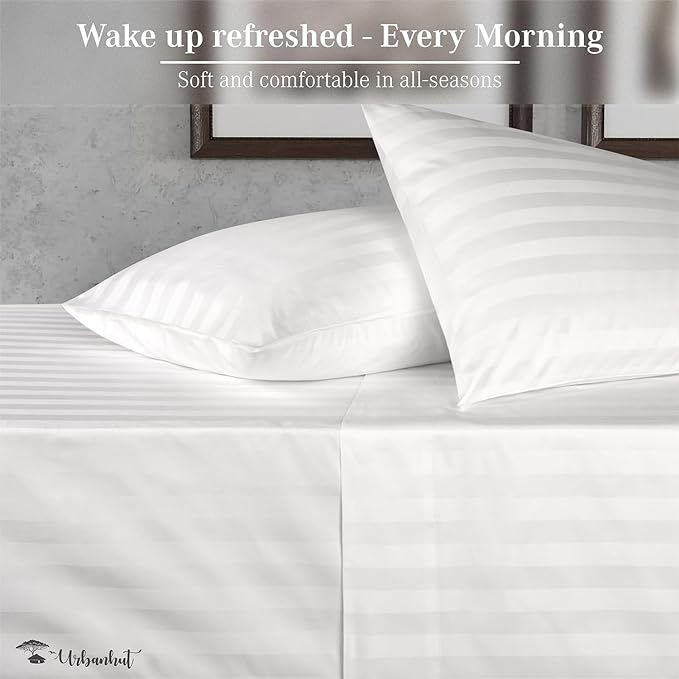 URBANHUT 800 Thread Count 100% Cotton Damask King Size Sheets, 4 Piece Striped King Size Bedsheets, Luxury Hotel Sheets Sateen Weave - Better Than Egyptian, 16" Elasticized Deep Pocket- White