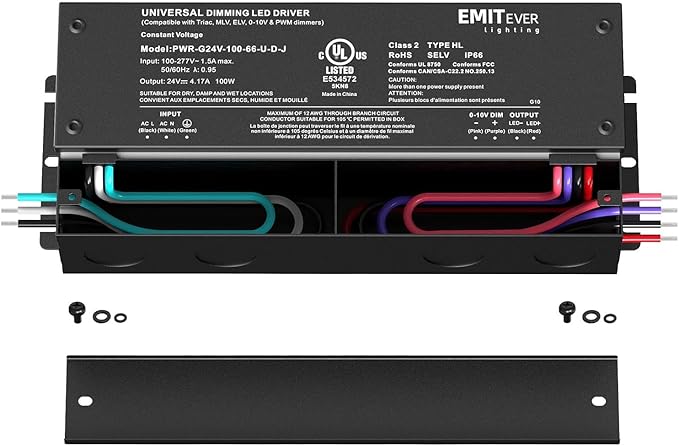 EMITEVER Dimmable Led Driver, 2 Packs 100W AC 110V-277V to DC 24V Transformer, 5-in-1 Dimming: ELV/MLV/TRIAC / 0-10V / 1-10V / 10V PWM/Potentiometer, Waterproof IP67 and UL Listed