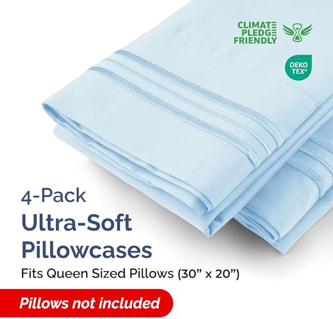 Queen Pillow Cases Set of 4 - Ultra Soft Hotel Quality Pillowcase Covers - Comfy, Cozy & Wrinkle Free - Shrinkage, Stain & Fade Resistant - Machine Washable Pillow Protectors - 4 Piece Set - Sky Blue