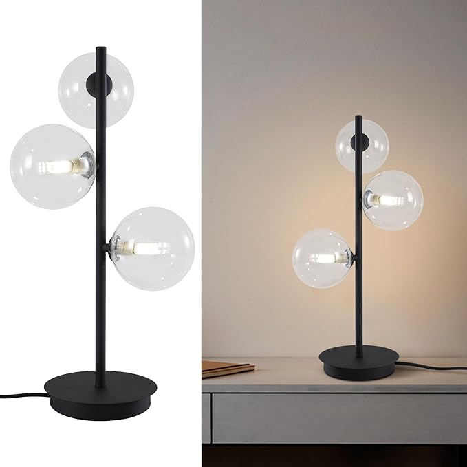 3-Light Black Table Lamp, Mid Century Nightstand Lamp with Clear Glass Globe Shade, Contemporary Bedside Lamp for Bedroom Living Room Study Room