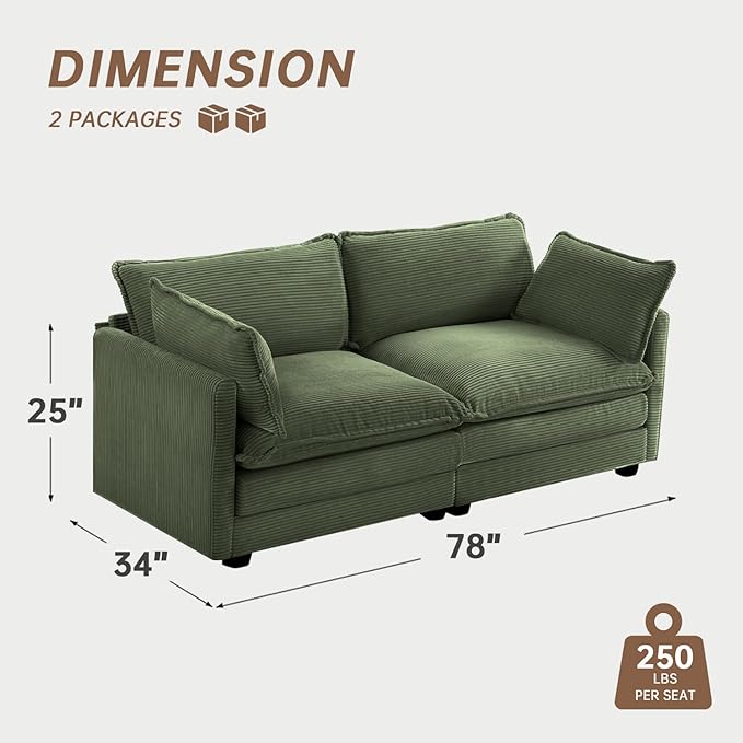 ROWHY Sectional 2 Seat Cloud Loveseat with 2 Throw Pillows, Modern Corduroy Love Seat Sleeper Bed, Convertible Cozy Sofa for Living Room and Office, Green