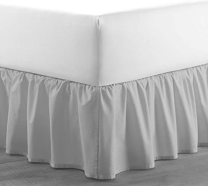 Light Grey Solid Ruffled Bed Skirt Twin-XL-8 Inch Drop Split Corner, Microfiber Bedskirt with Platform Three Sided Coverage