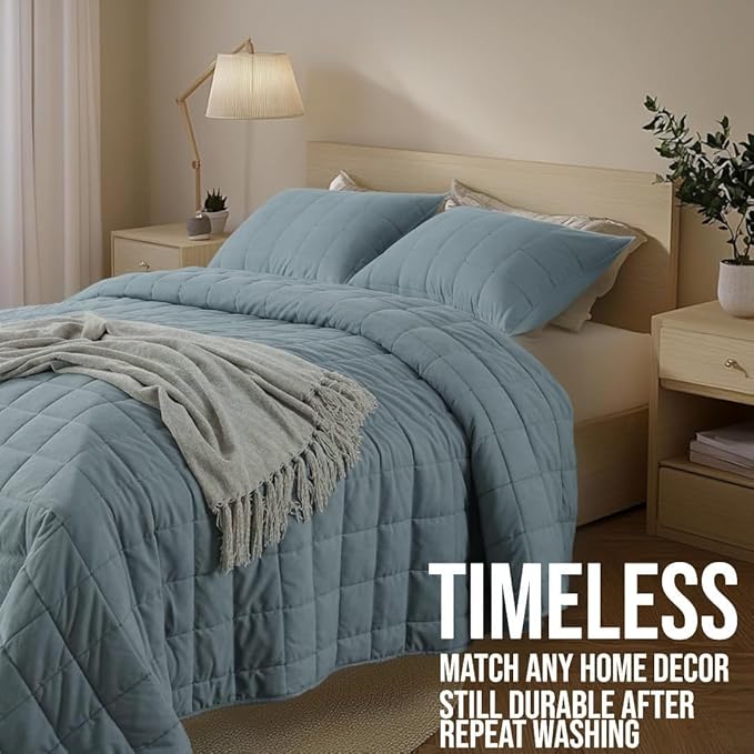 KASENTEX Twin Quilt Set 68"x86" – Soft Washed 3-Layer Lightweight Bedspread, Minimalist Nordic Design, All-Season Spring & Summer Quilt Set (1 Quilt + 2 Pillow Shams), Corduroy Blue