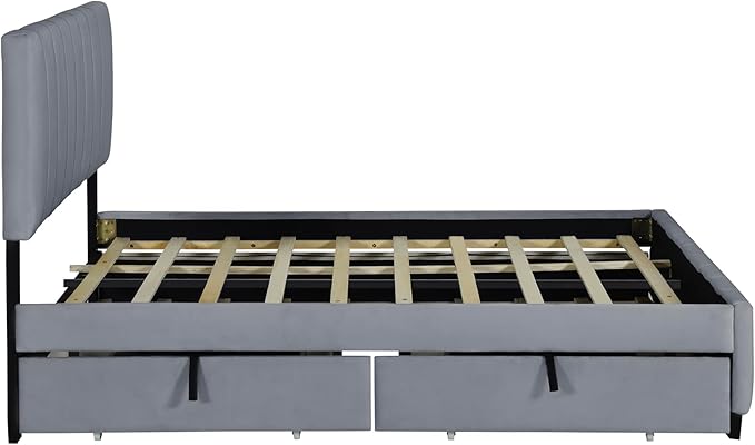 Queen Bed Frame with Trundle Bed,Velvet Upholstered Platform Bed Frame with Storage Drawers,Queen Size Trundle Bed with Headboard for Kids Teens Adults,Gray
