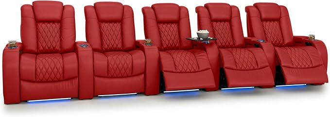 Seatcraft Diamante Zero-Gravity CoolZero Italian Leather Home Theater Seating, Power Headrest, Power Recline, Row of 5, Red