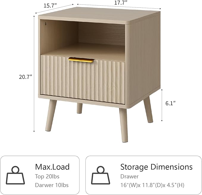 CARPETNAL Fluted Nightstand Set of 2, Beige Bedside Table with Drawer and Storage Shelf, Wood End Table Mid Century Night Stands for Bedroom Living Room