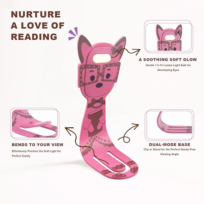 Rechargeable Book Light for Kids at Night – Portable Clip-On LED Light with Dimmable Brightness Ideal for Kids & Adults, Bedtime & Travel–Eye-Caring, Flexible, Gift for Book Lovers,Pink