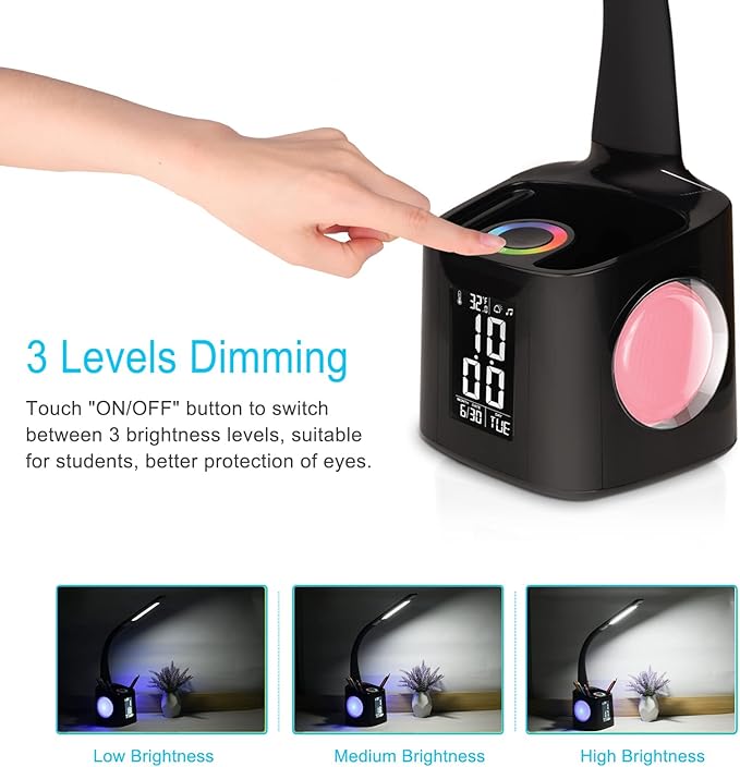 wanjiaone LED Desk Lamp with Clock,Color Changing Nightlight,Study Lamp with Pen Holder,Desk Light with USB Charger,Table Light for Home,Office,Gift for Kids,Students,Women,Black