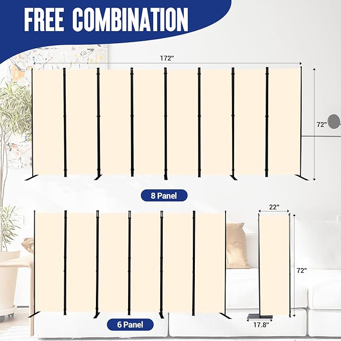 Room Divider Folding Privacy Screens with Wheels, 6FT Tall Divider for Room Separation, Movable Room Partitons and Dividers, Indoor Room Dividers Panel with Fabric (Beige, 8 Panel-176‘’-Flat Base)